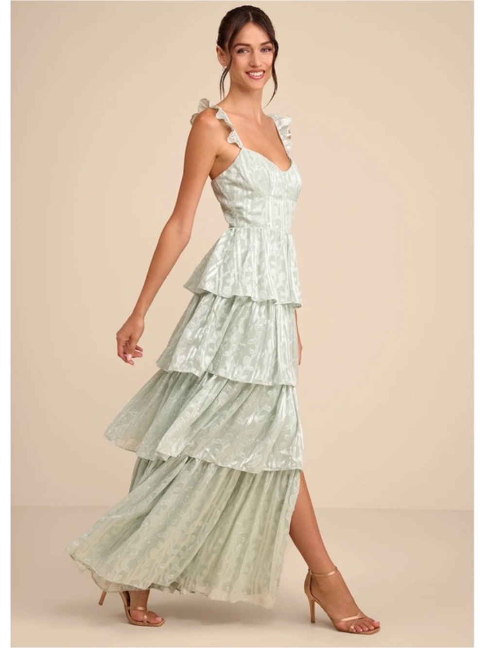NWT Lulu’s Stunning Glory Sage Green Floral Jacquard Tiered Maxi Romantic Dress